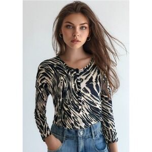 Kensie Animal Print Top Henley V-Neck Button Long Sleeve Lightweight Size Small